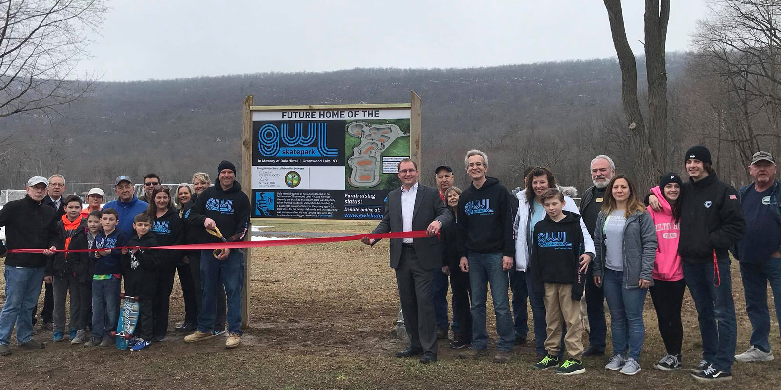 GWL Skatepark Sign ribbon-cutting, along with Greenwood Lake Mayor Jesse Dwyer and Warwick Valley Chamber of Commerce