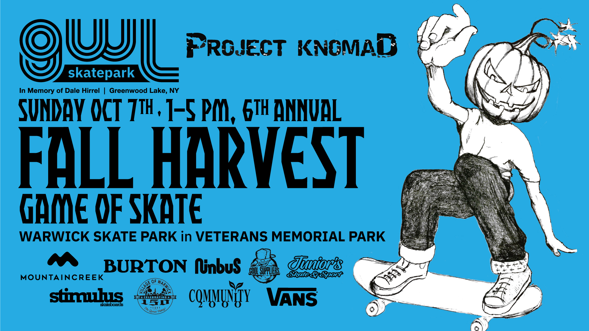 GWLSkatePark fundraising event, 6TH Annual Fall Harvest Game of Skate, Skate Contest, Veterans Memorial Park, Warwick Skate Park, Project Knomad, Warwick NY